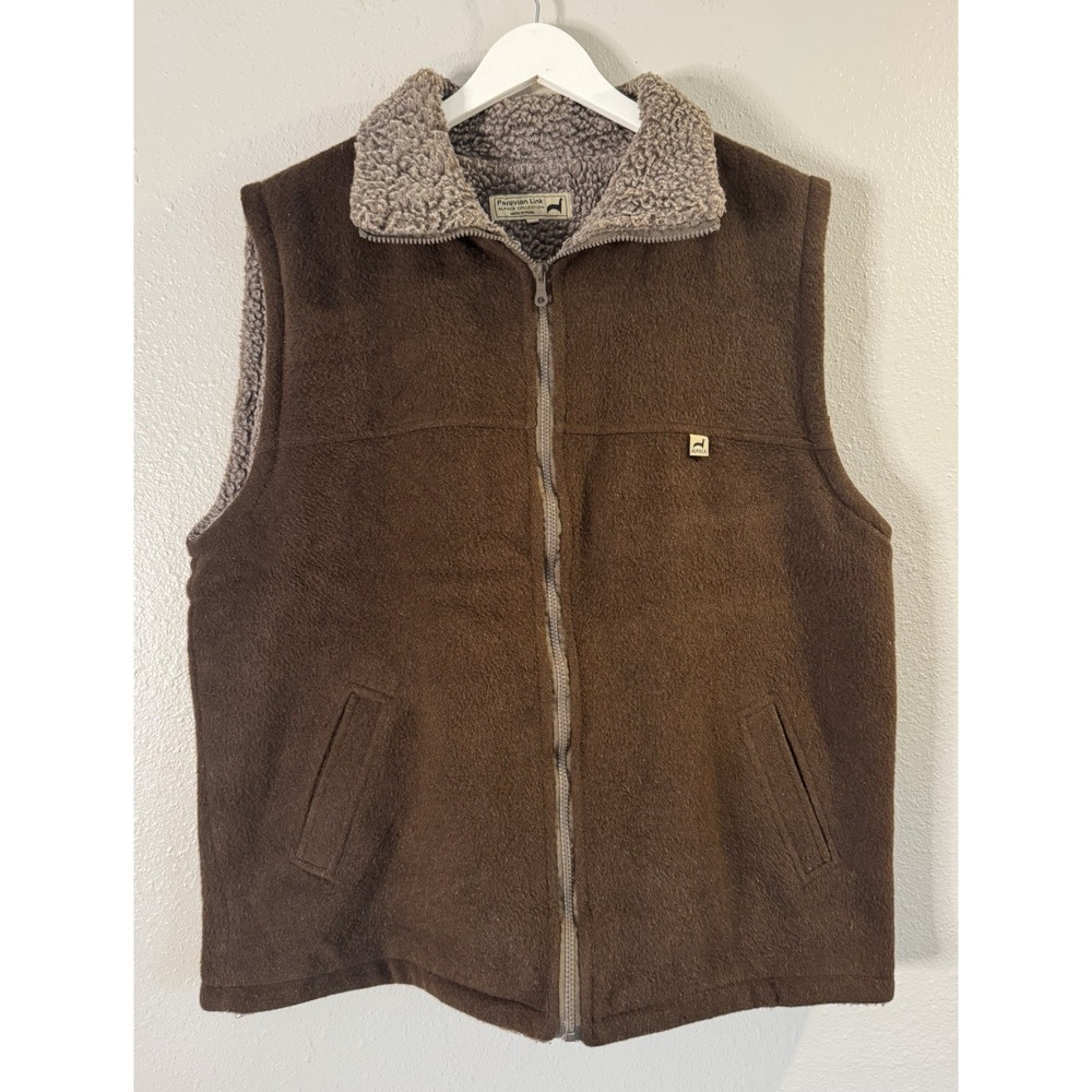 Peruvian Link Alpaca Wool Sherpa Lined Brown Barn Outdoor Vest Made Peru XL